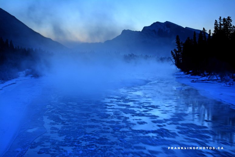 Canmore Bow River winter mist Rockies